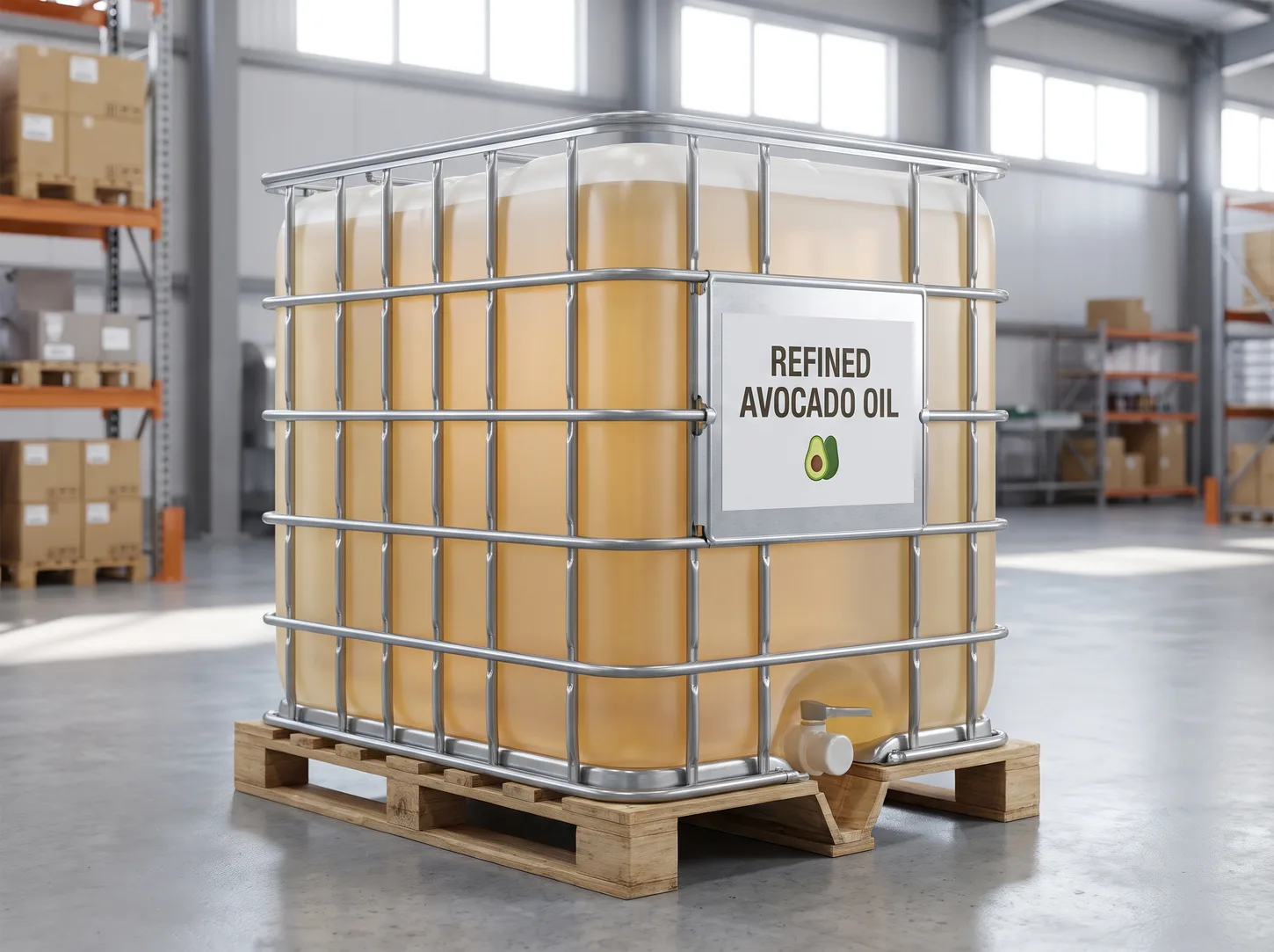 Refined avocado oil in labelled packaging