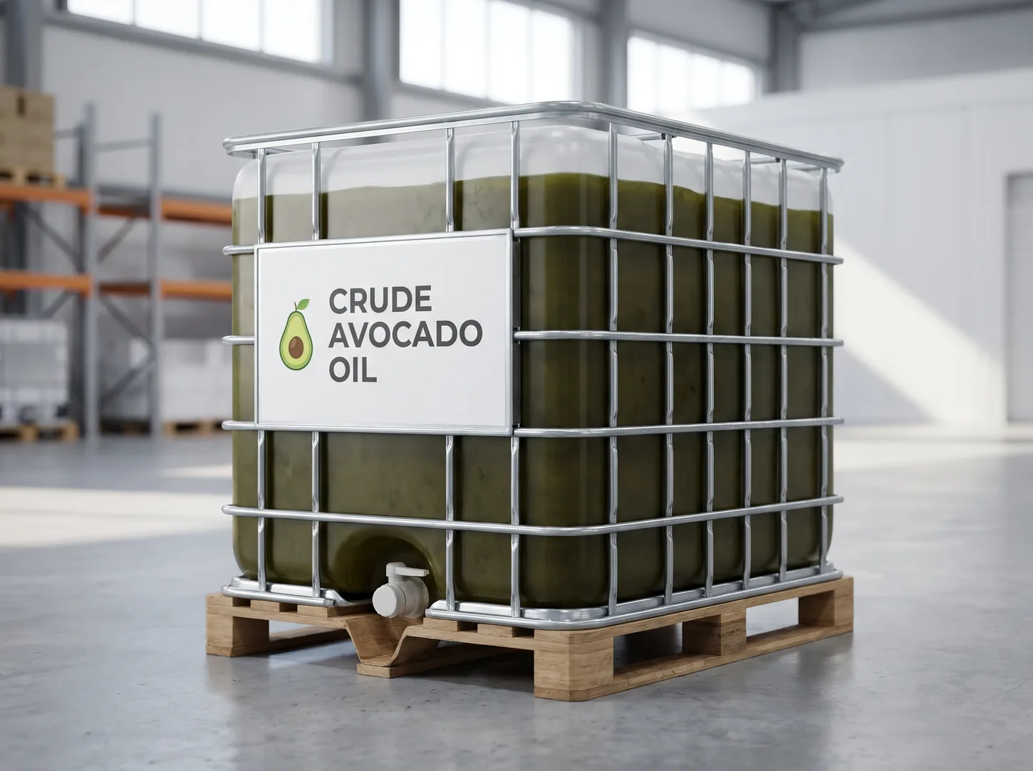 Clear IBC tank labelled Crude avocado oil
