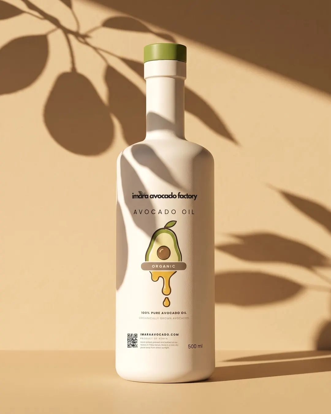 Avocado oil bottle with botanical shadows