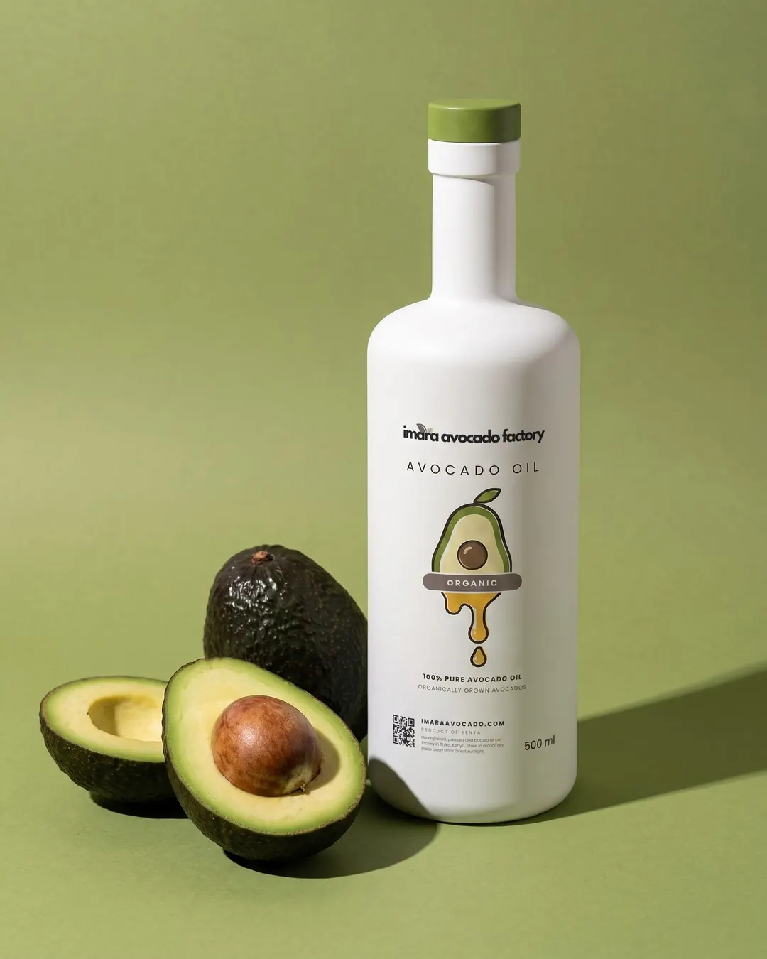 Imara avocado oil in the matte white bottle with the green cap