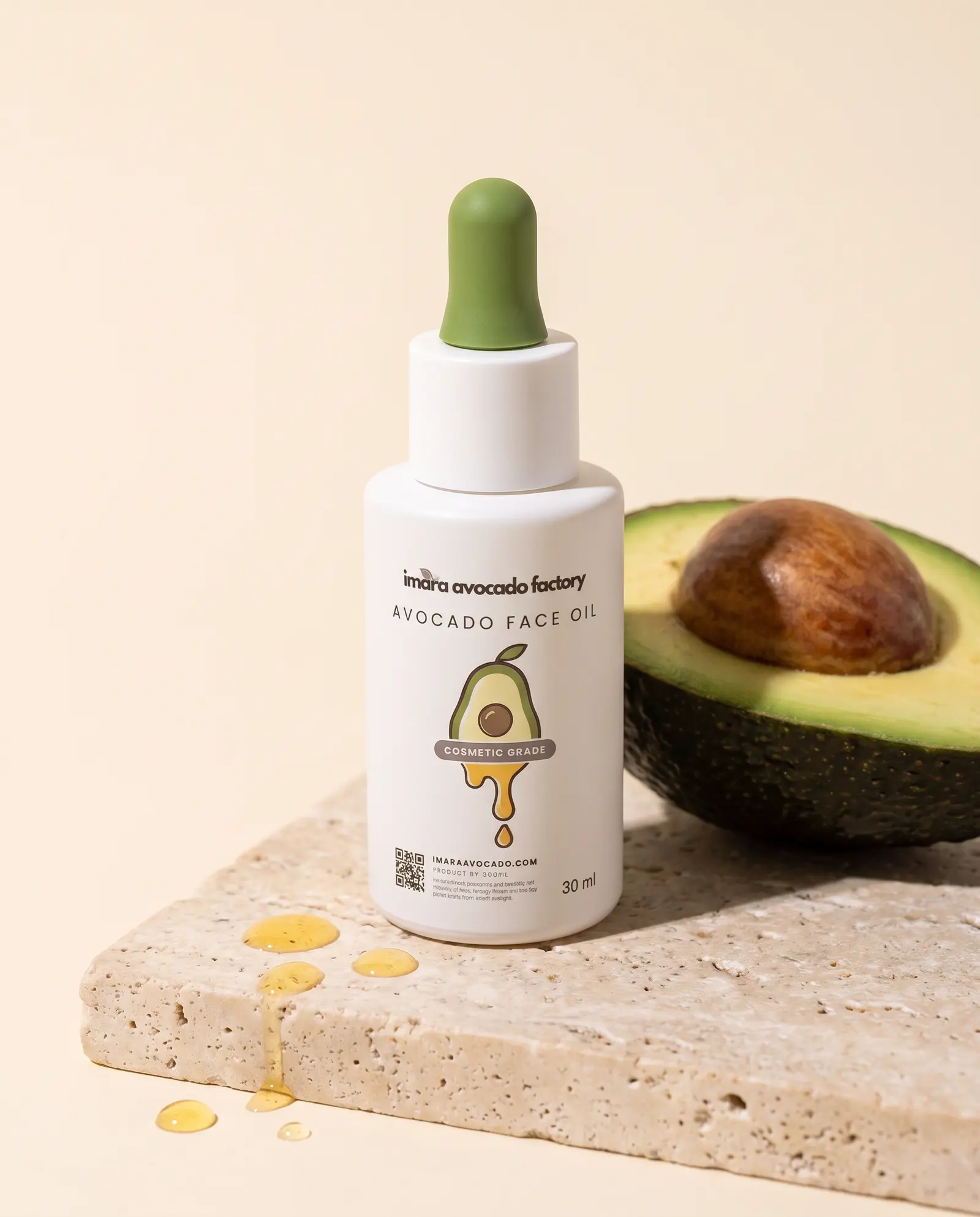Private-label concept: 30 ml face oil dropper bottle made with cosmetic-grade avocado oil