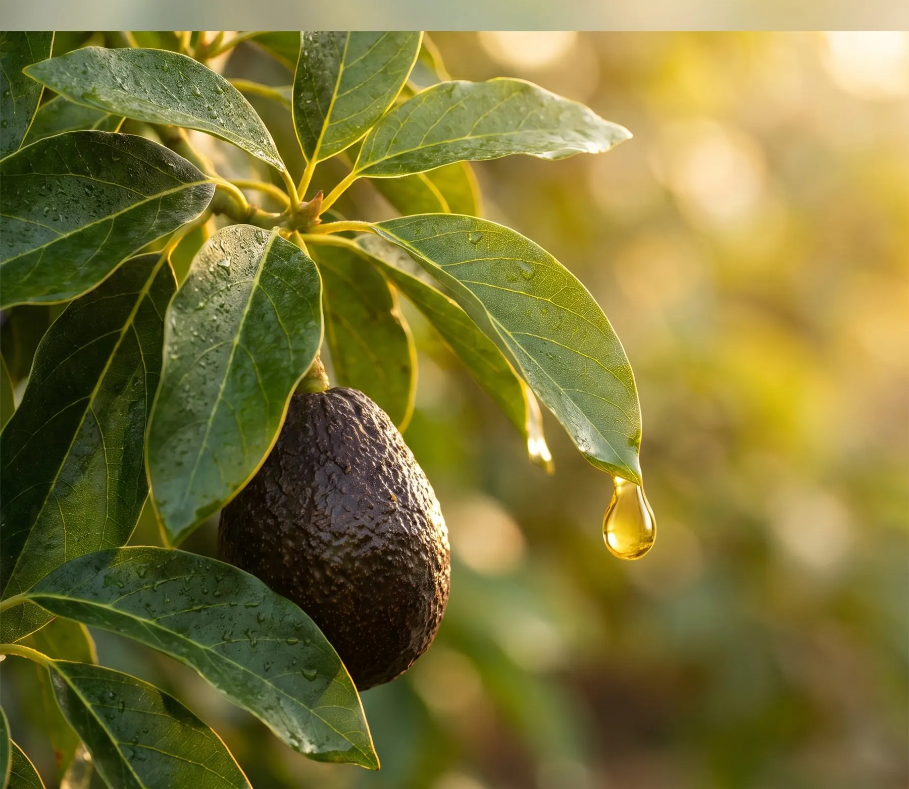 A drop of emerald green avocado oil on an avocado leaf