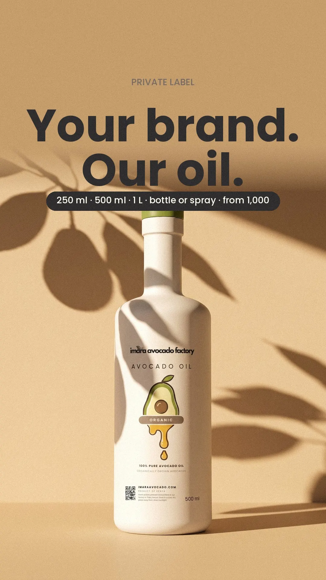 Avocado oil bottles ready for a private label