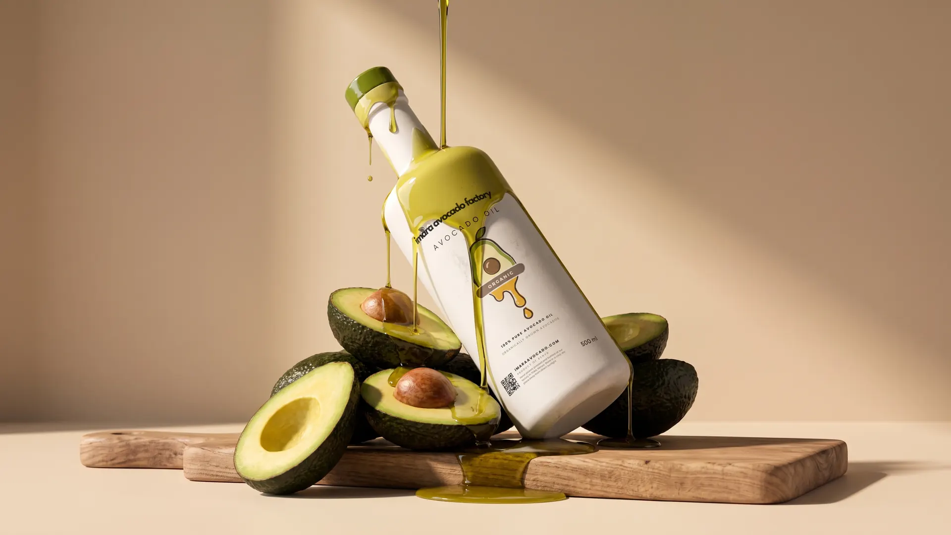 Bottles of Imara refined avocado oil, clear and pale yellow