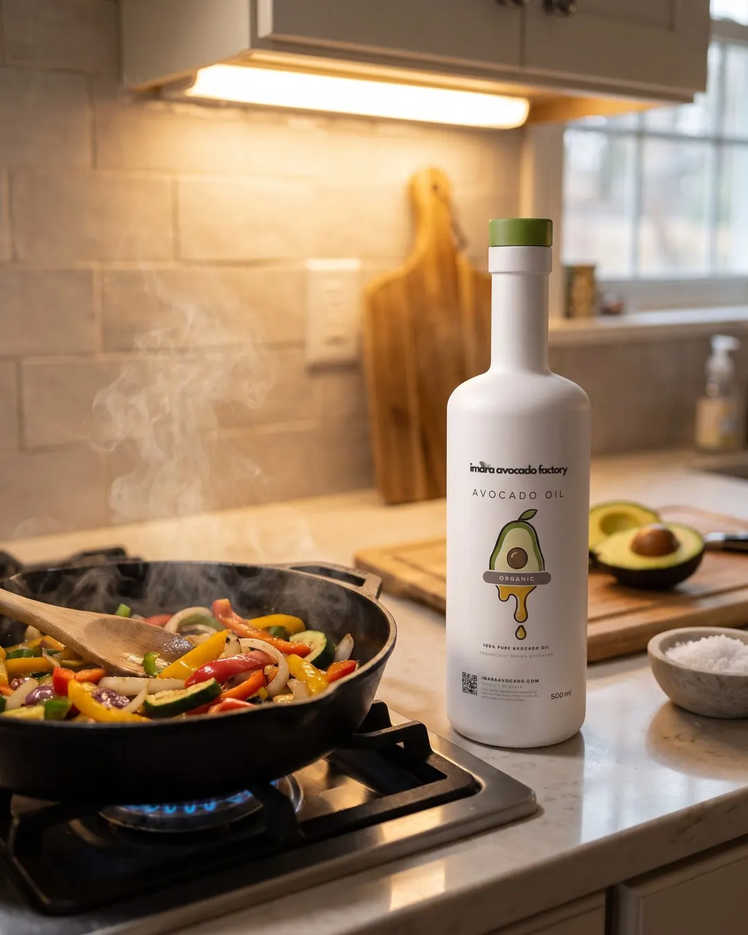 A bottle of Imara avocado oil beside a stove